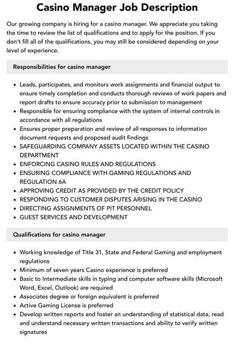 casino game manager job description